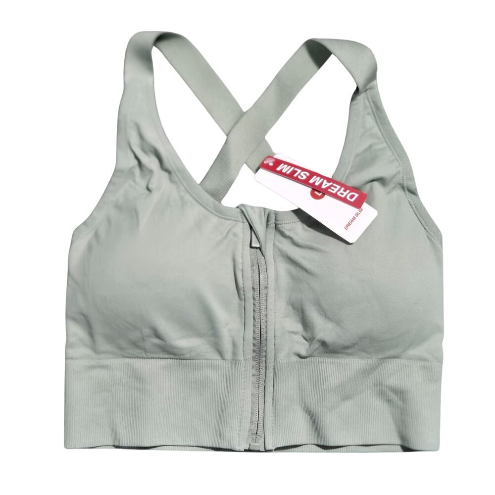 NWT | Dream Slim Sage Green Front-Zip Sports Bra | Criss-Cross Back | L